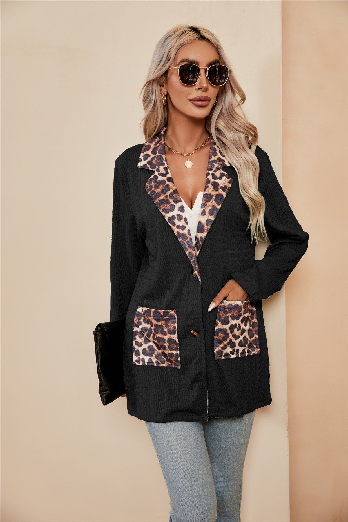 Beth Dutton Wardrobe Leopard Splicing Cardigan Women's Suit Lapel Suit Jacket Tops