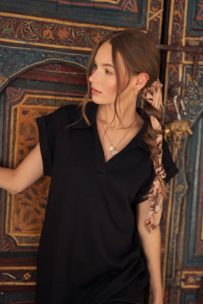 Black Collared Oversized Midi Dress