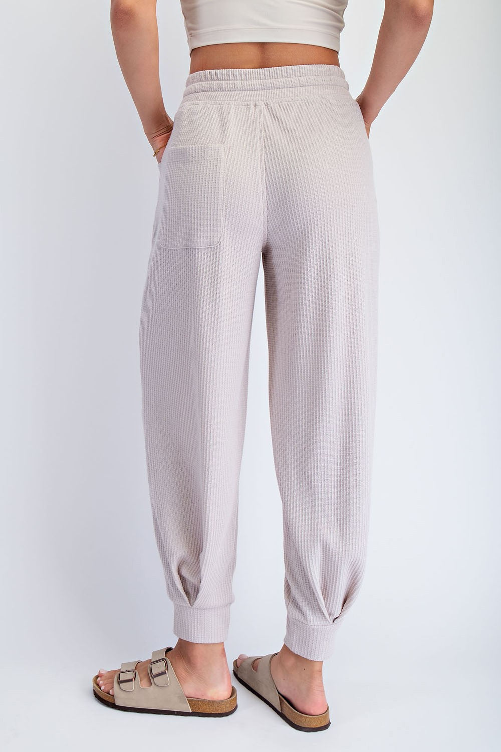 Beige Waffle Knit Raw Seam Joggers
