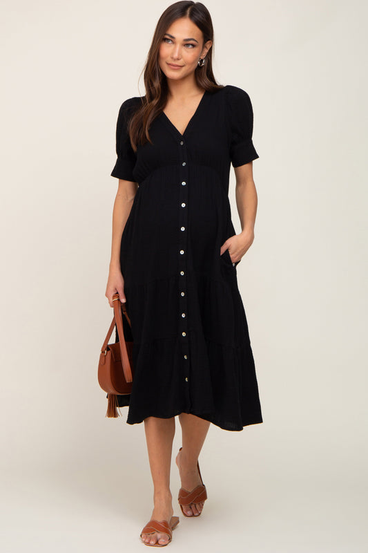 Black Button Down Short Sleeve Maternity Dress
