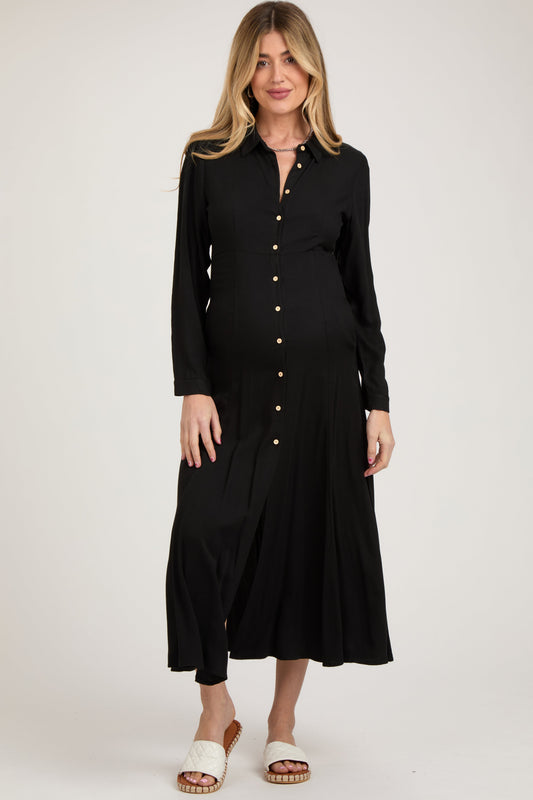 Black Collared Button Down Long Sleeve Maternity Maxi Dress