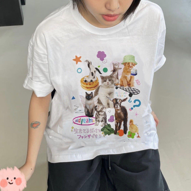 Cute Milk Cat Graphic T-Shirts for Women Oversized Retro