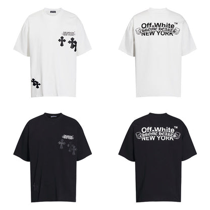 CHH Chrome Heart T Shirts Cross Color Leather Printed Short Sleeve T-Shirt Loose
