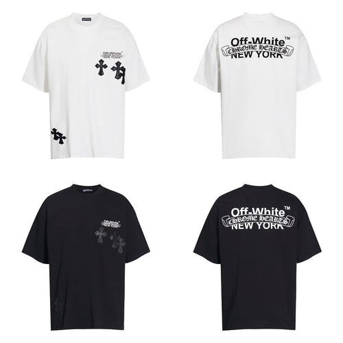 CHH Chrome Heart T Shirts Cross Color Leather Printed Short Sleeve T-Shirt Loose