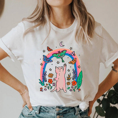 Cute Funny Cat Shirt Summer Casual Short Sleeve Loose Women