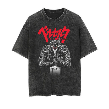 Cotton washed summer retro printed shoulder T-shirt men's and women's short sleeves