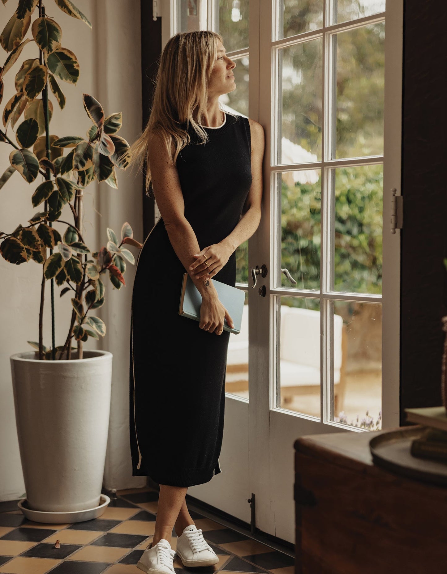 Lucia Knit Midi Dress in Black/Cream