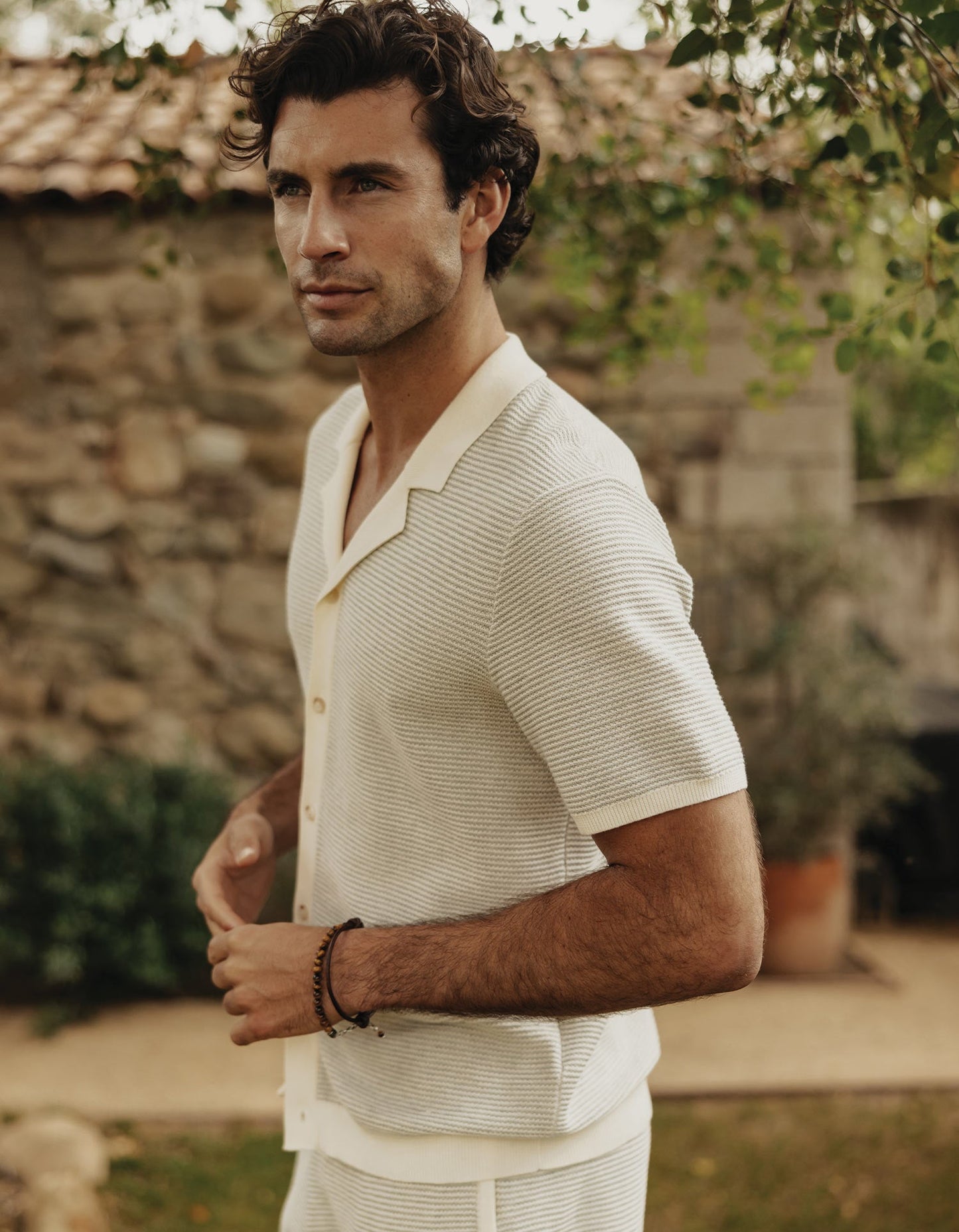 Robles Birdseye Knit Camp Button Up in Cream/Grey
