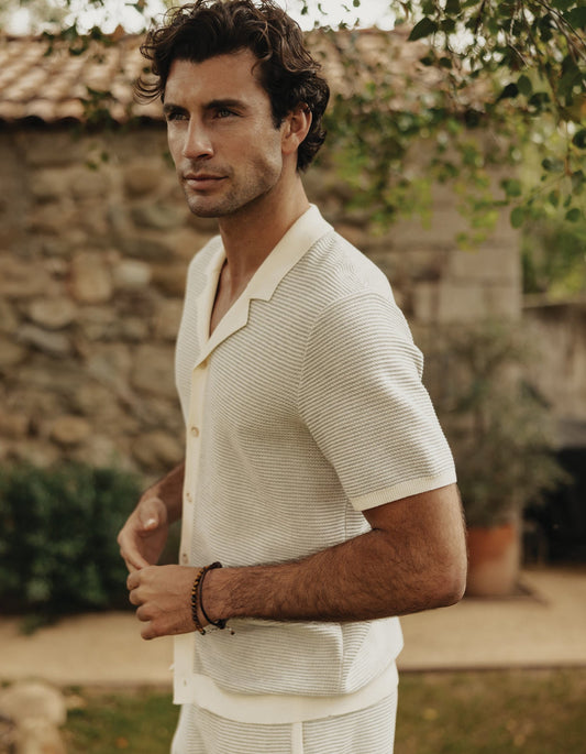 Robles Birdseye Knit Camp Button Up in Cream/Grey