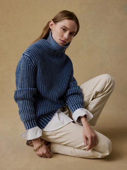 Sunwashed Cotton Oversized Turtleneck Sweater - Windcliff Indigo Wash